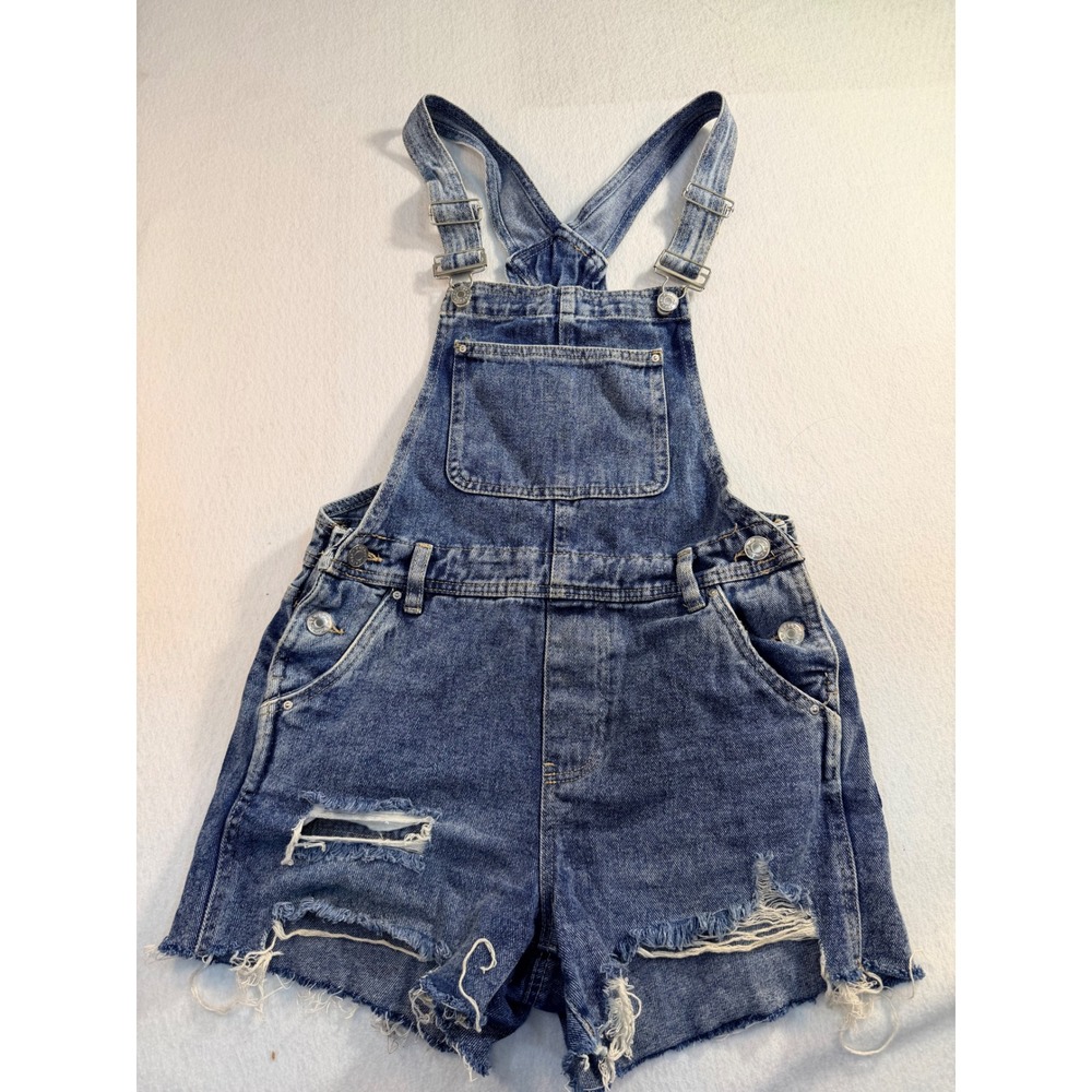 Refuge Denim Distressed Shortalls Medium Wash Frayed Hem Size S/P
